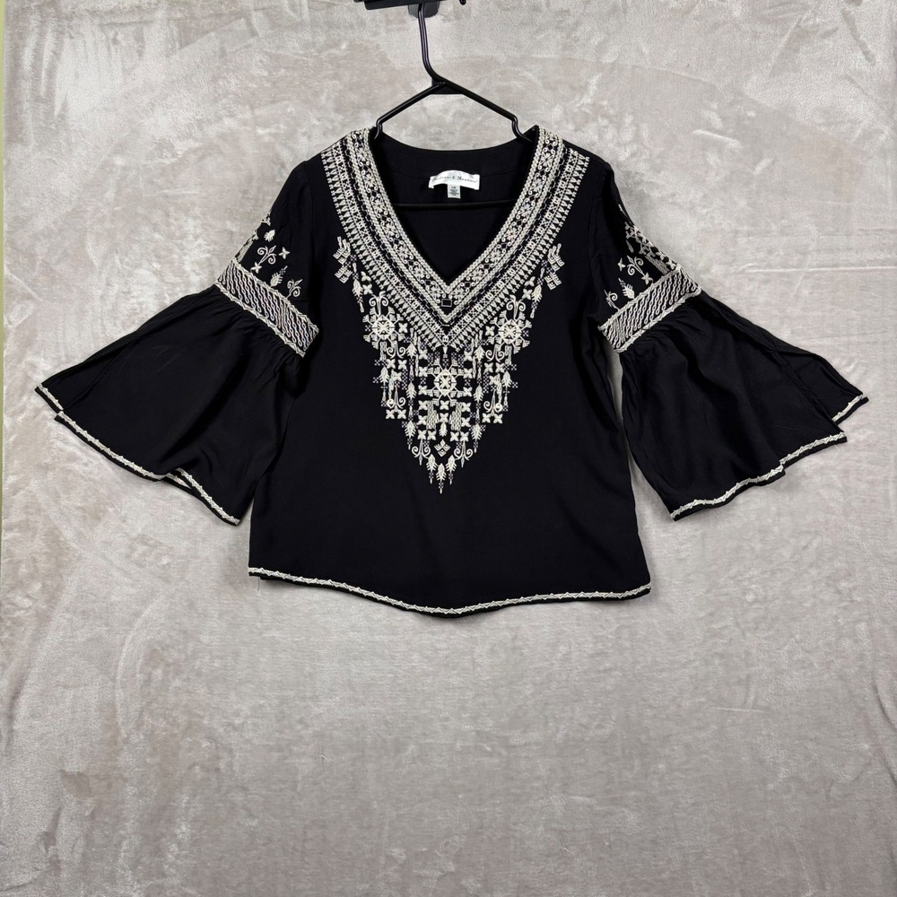 Chelsea & Theodore Womens Black Embroidered Bell Sleeve Boho Peasant Blouse L